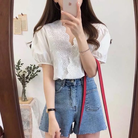 Floral embroidery lace white puff sleeve T-shirt top short sleeve womens - Picture 6 of 8